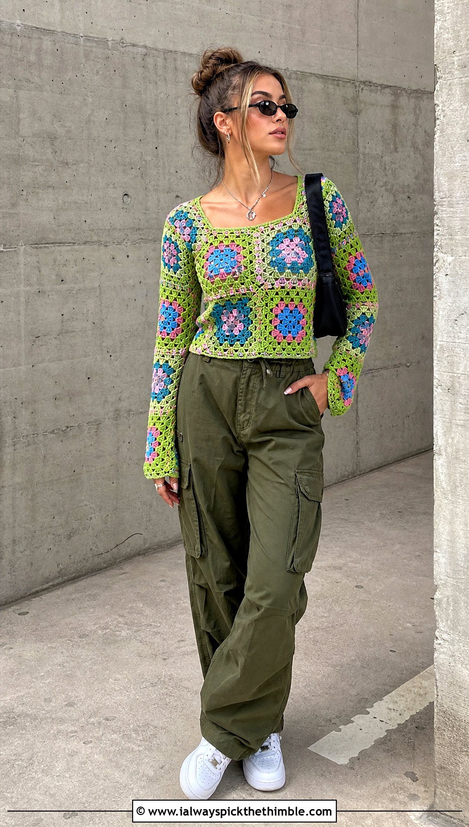 Granny Square Crochet Lace Blouse With Cargo Pants - 25 crochet lace blouse outfit ideas