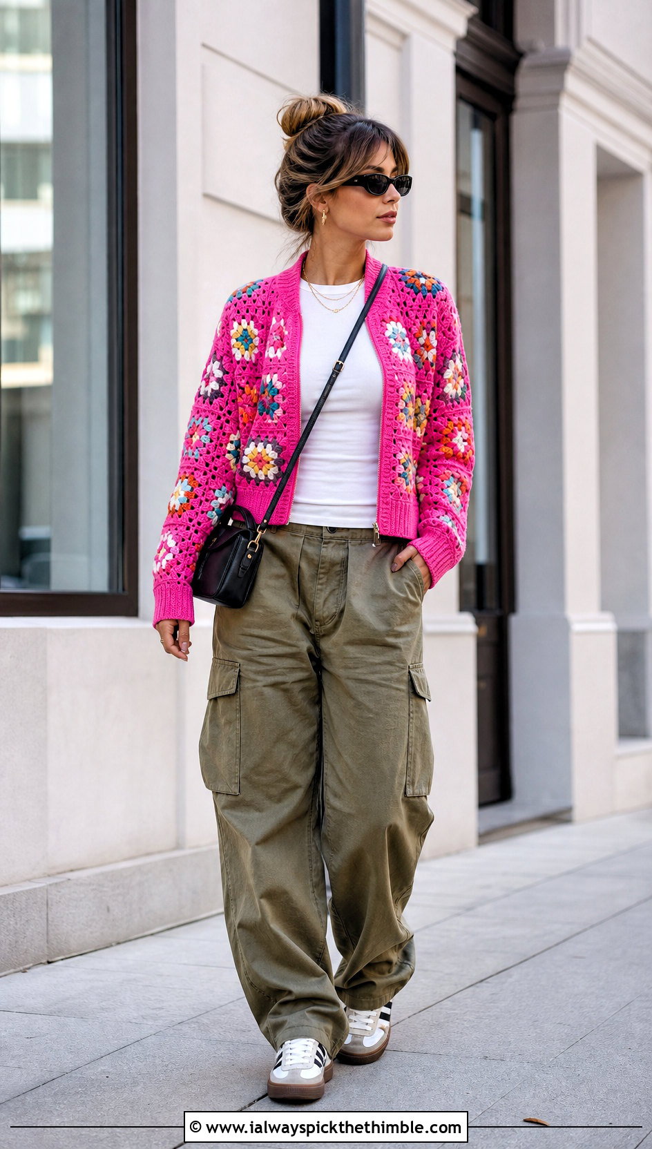 Granny Square Crochet Lace Bomber Jacket With Cargo Pants - 25 crochet lace jacket outfit ideas