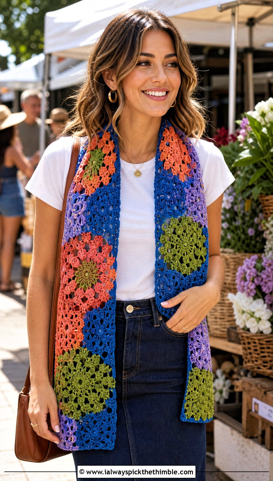 Granny Square Crochet Lace Scarf With White Tee And Denim Skirt - 20 easy crochet lace scarf outfit ideas