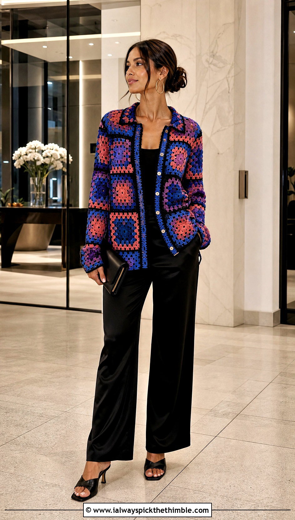 Granny Square Crochet Lace Shirt With Satin Pants - 20 crochet lace clothes and outfit ideas