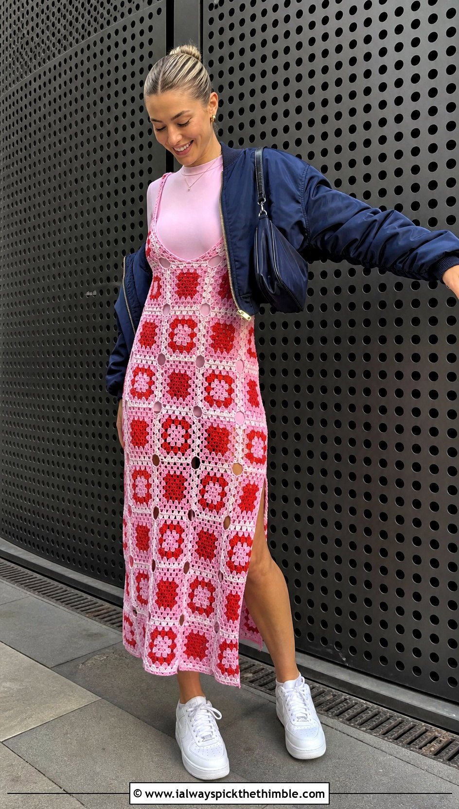 Granny Square Crochet Lace Slip Dress With Bomber Jacket And Trainers - 15 crochet lace dress design outfit ideas