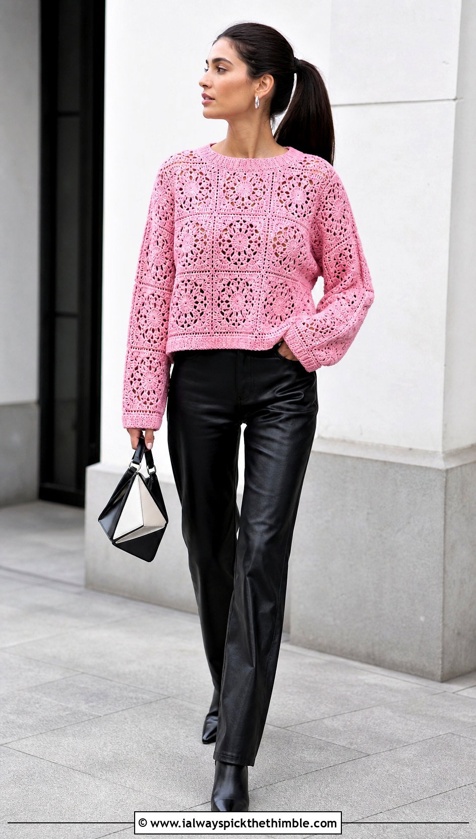 Granny Square Crochet Lace Sweater With Leather Pants - 25 crochet lace sweater outfit ideas