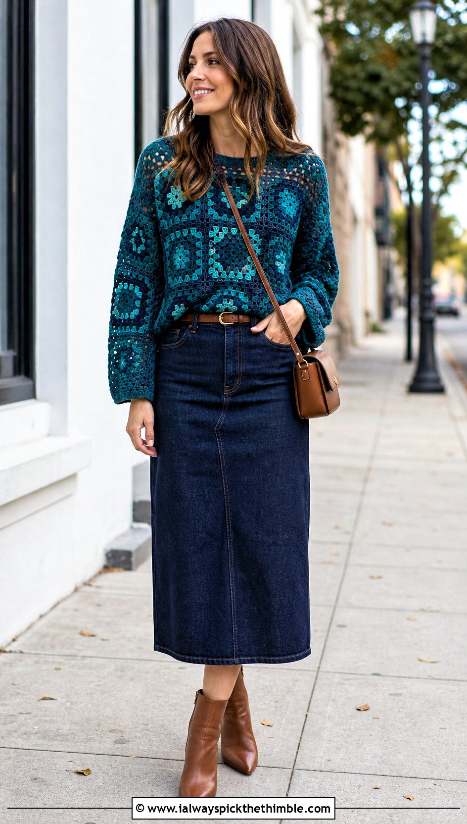 Granny Square Crochet Lacy Sweater With Denim Midi Skirt - 20 crochet lacy sweater outfit ideas
