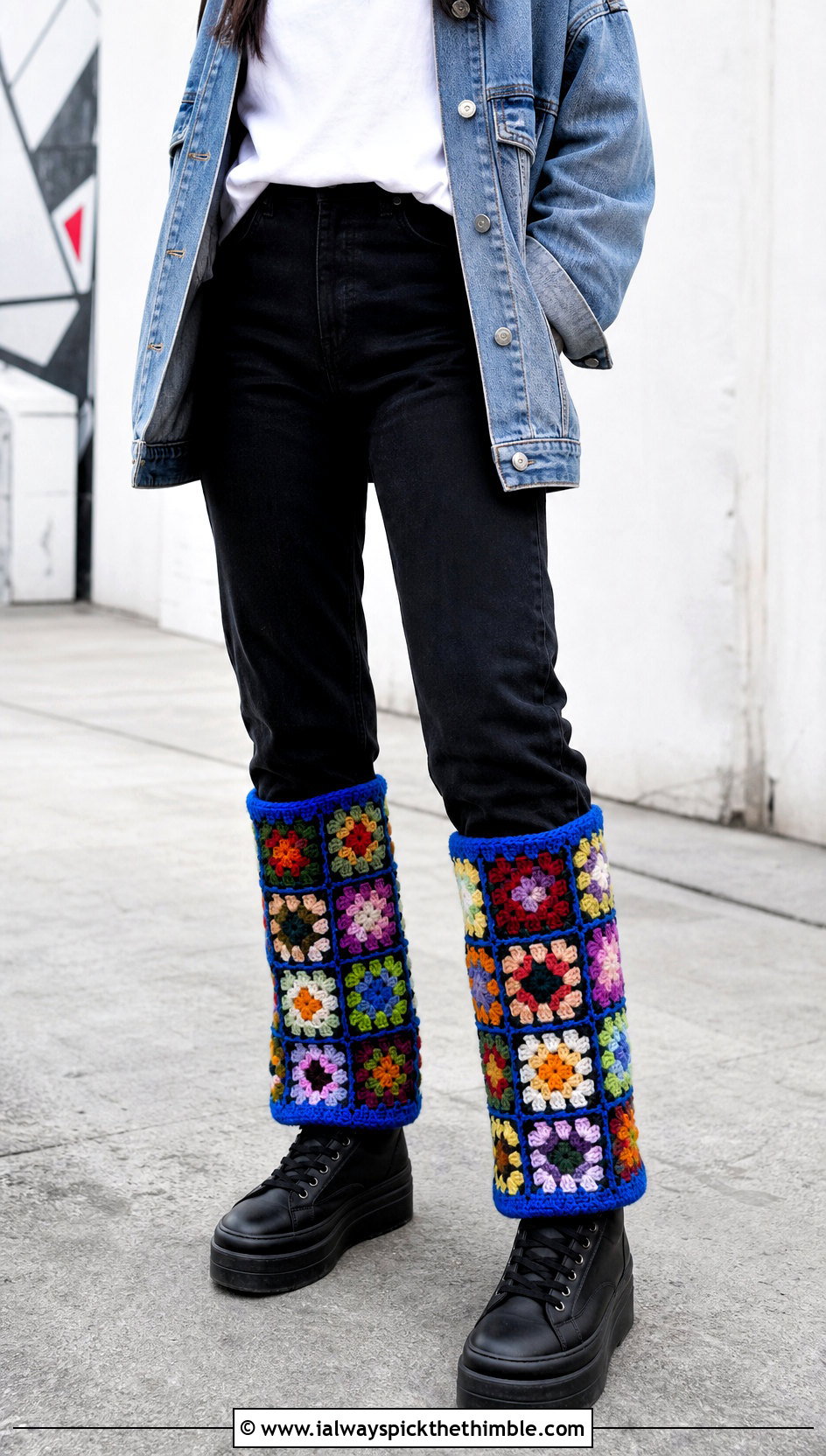 Granny Square Crochet Leg Warmers With A Denim Jacket - 25 crochet leg warmer outfit ideas