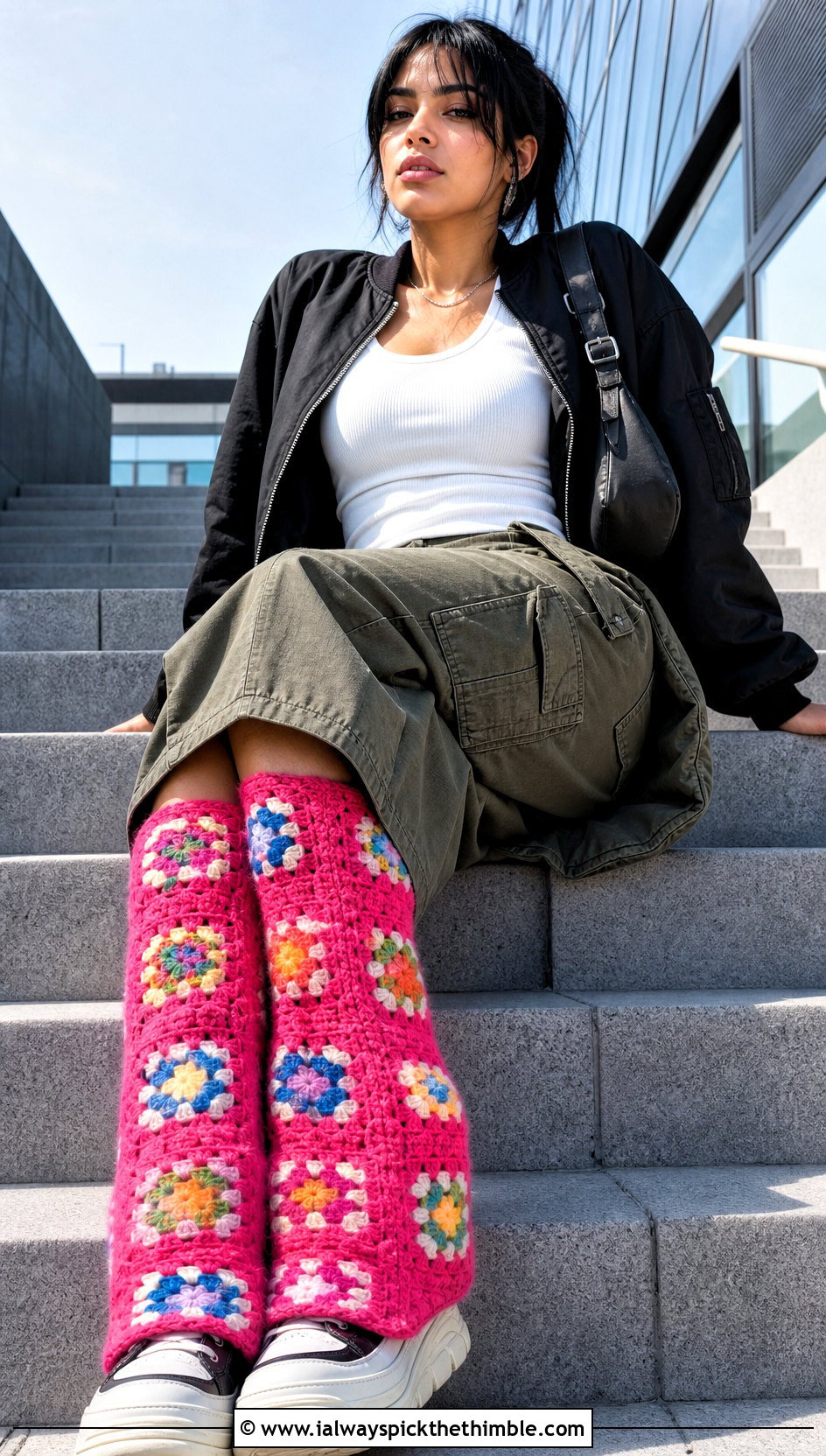 Granny Square Crochet Leg Warmers With Cargo Skirt - 20 diy crochet leg warmers outfit ideas