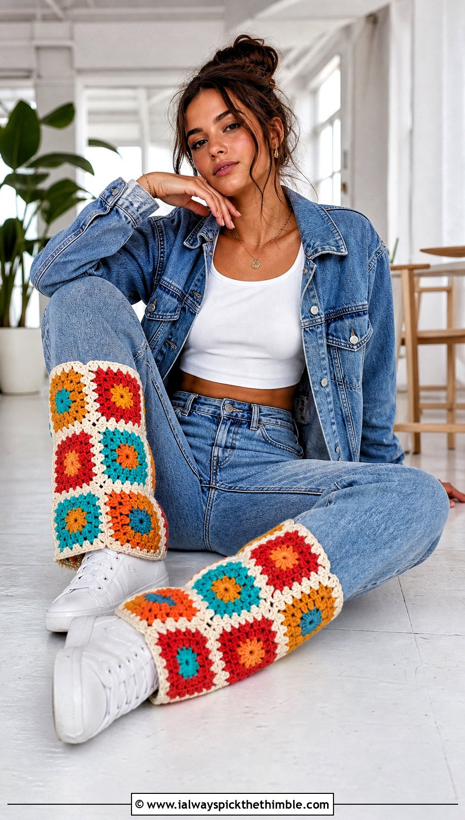 Granny Square Crochet Leg Warmers With Denim Jacket And Jeans - 25 crochet leg warmers outfit ideas