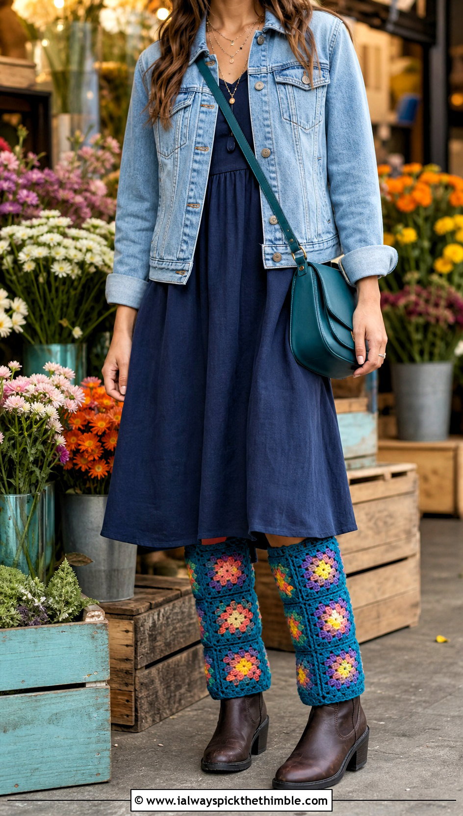 Granny Square Crochet Leg Warmers With Denim Jacket And Midi Dress - 20 cute crochet leg warmers outfit ideas