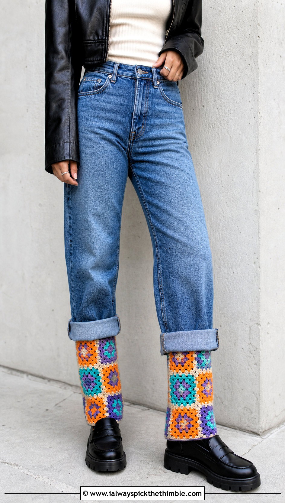 Granny Square Crochet Leg Warmers With Straight Jeans - 20 aesthetic crochet leg warmers outfit ideas