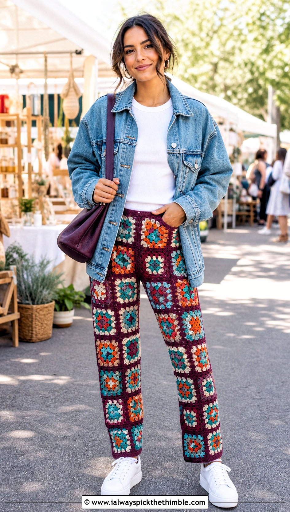Granny Square Crochet Leggings With Denim Jacket - 25 crochet leggings outfit ideas