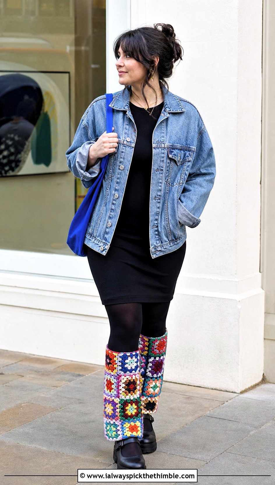 Granny Square Crochet Legwarmers With Denim Jacket And Black Dress - 25 crochet legwarmers outfit ideas