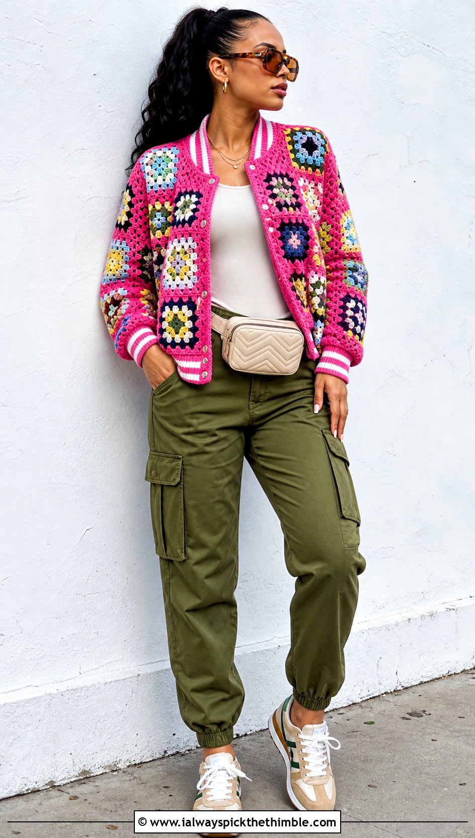 Granny Square Crochet Letterman Jacket With Cargo Pants - 20 crochet letterman jacket outfit ideas