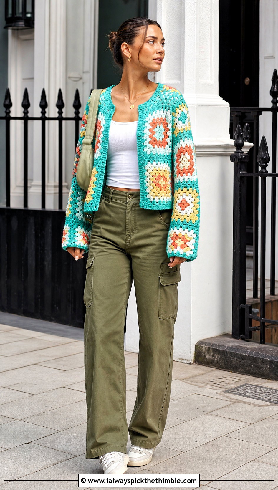 Granny Square Crochet Light Sweater With Cargo Pants - 25 crochet light sweater outfit ideas