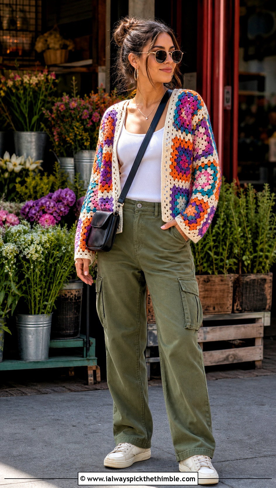 Granny Square Crochet Lightweight Cardigan With Cargo Pants - 20 Crochet Lightweight Cardigan outfit ideas