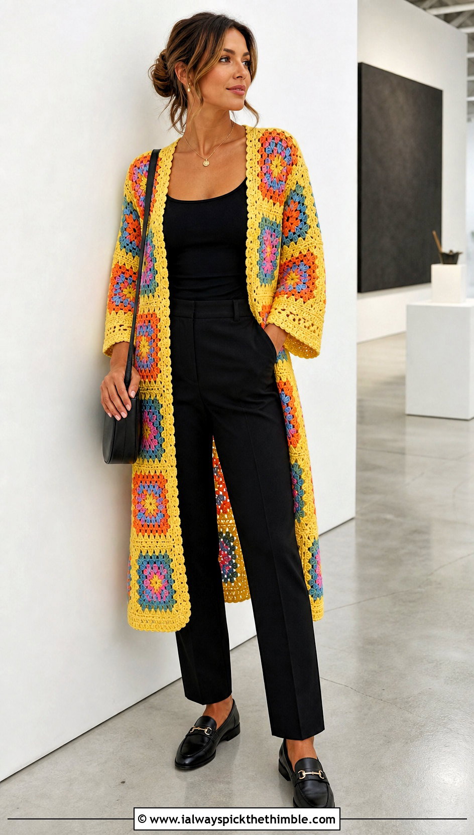 Granny Square Crochet Long Cardigan With Black Basics - 20 Easy Crochet Long Cardigan outfit ideas