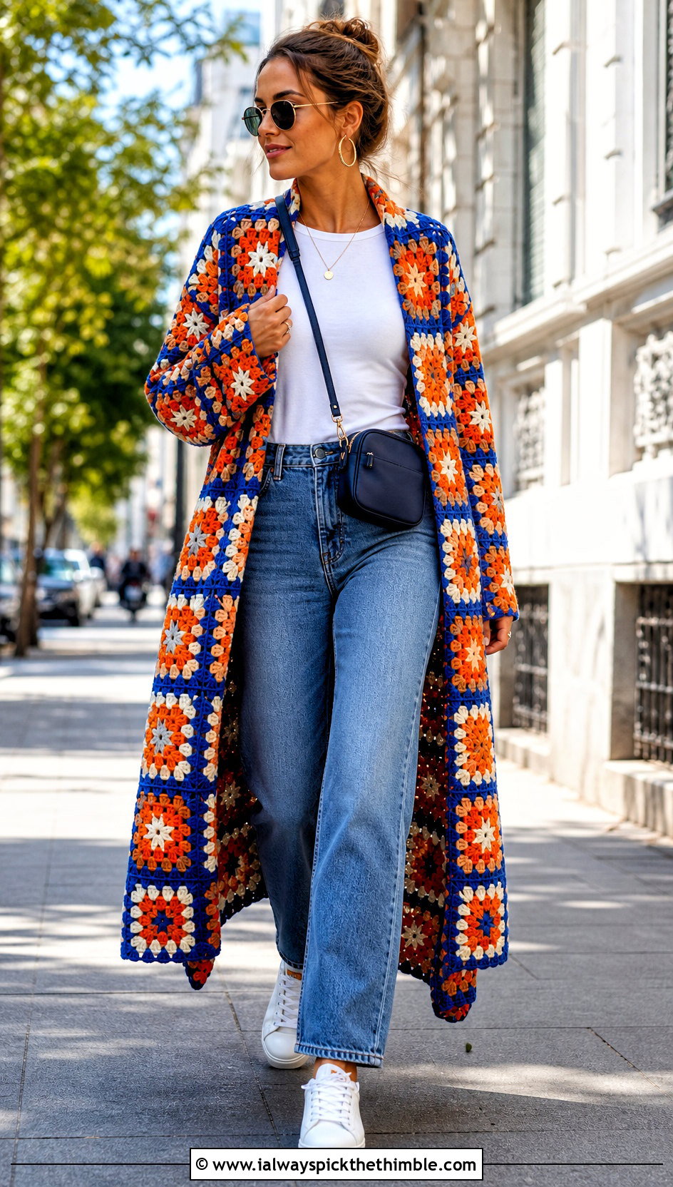 Granny Square Crochet Long Coat With Straight Leg Jeans - 25 crochet long coat outfit ideas