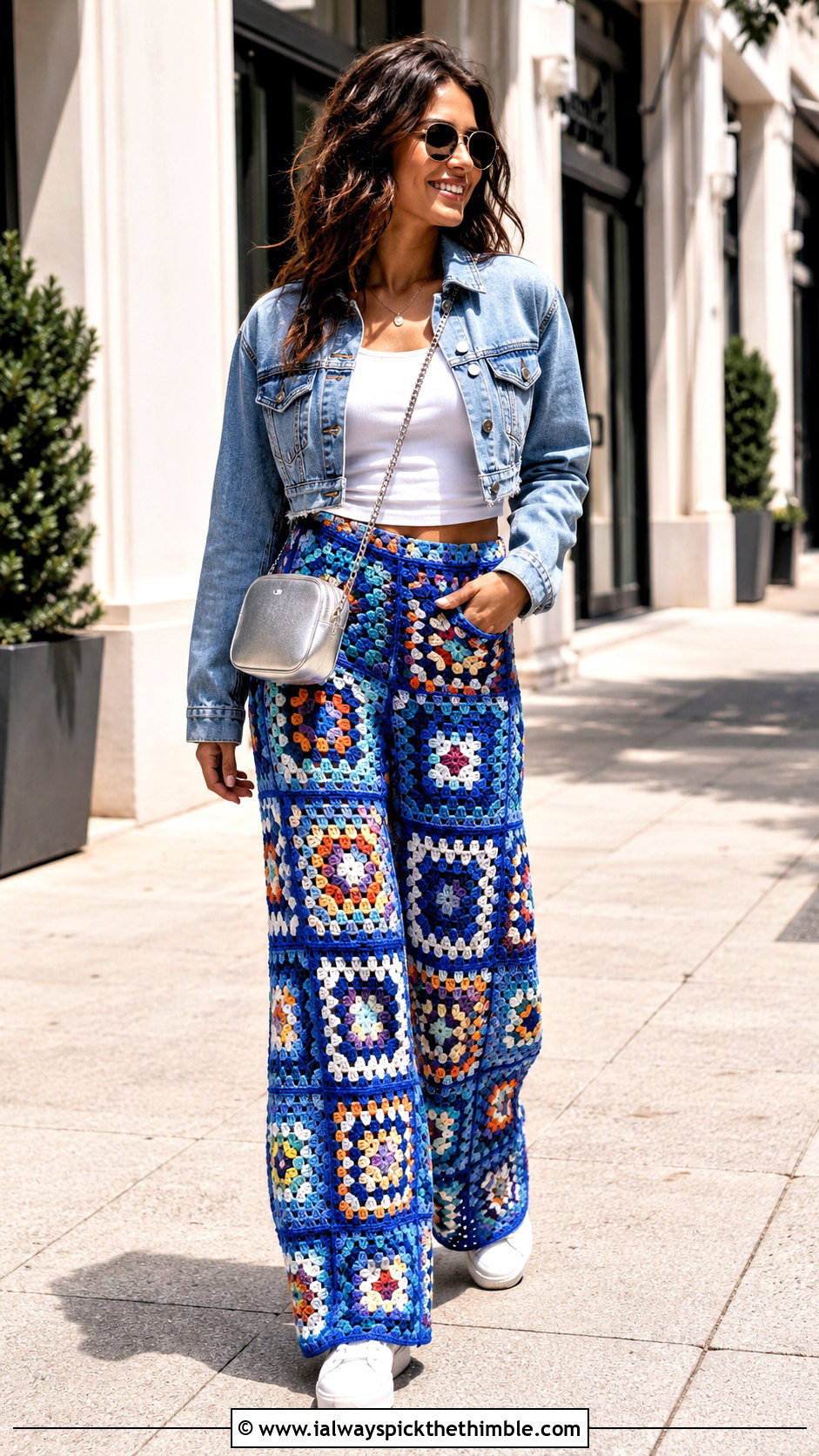 Granny Square Crochet Long Pants With Denim Jacket - 20 Crochet Long Pants outfit ideas