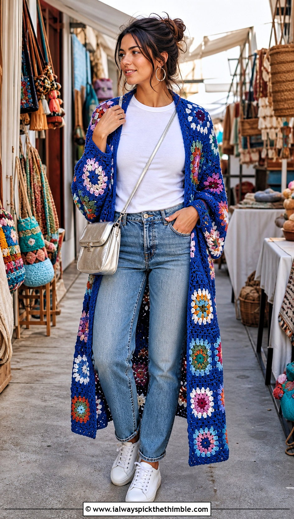 Granny Square Crochet Long Poncho With Straight Leg Jeans - 15 Crochet Long Poncho outfit ideas