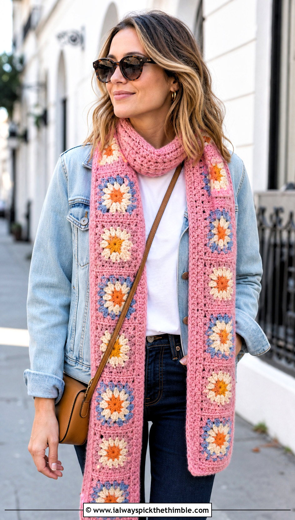 Granny Square Crochet Long Scarf With Denim Jacket - 20 Crochet Long Scarf outfit ideas