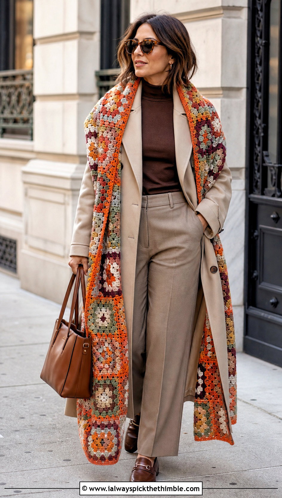Granny Square Crochet Long Shawl With Trench Coat - 20 Crochet Long Shawl outfit ideas