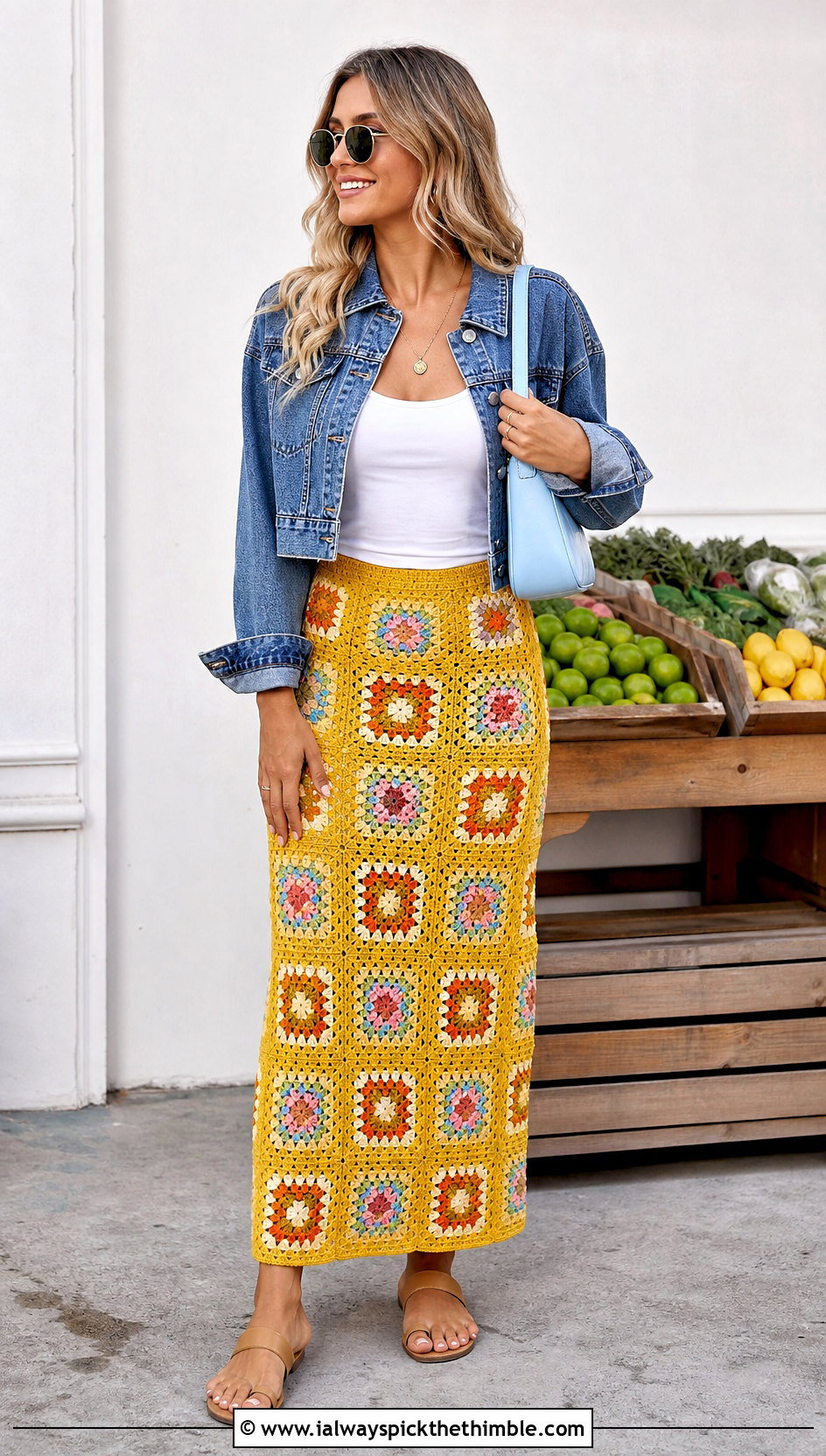 Granny Square Crochet Long Skirt With Denim Jacket - 25 crochet long skirt outfit ideas
