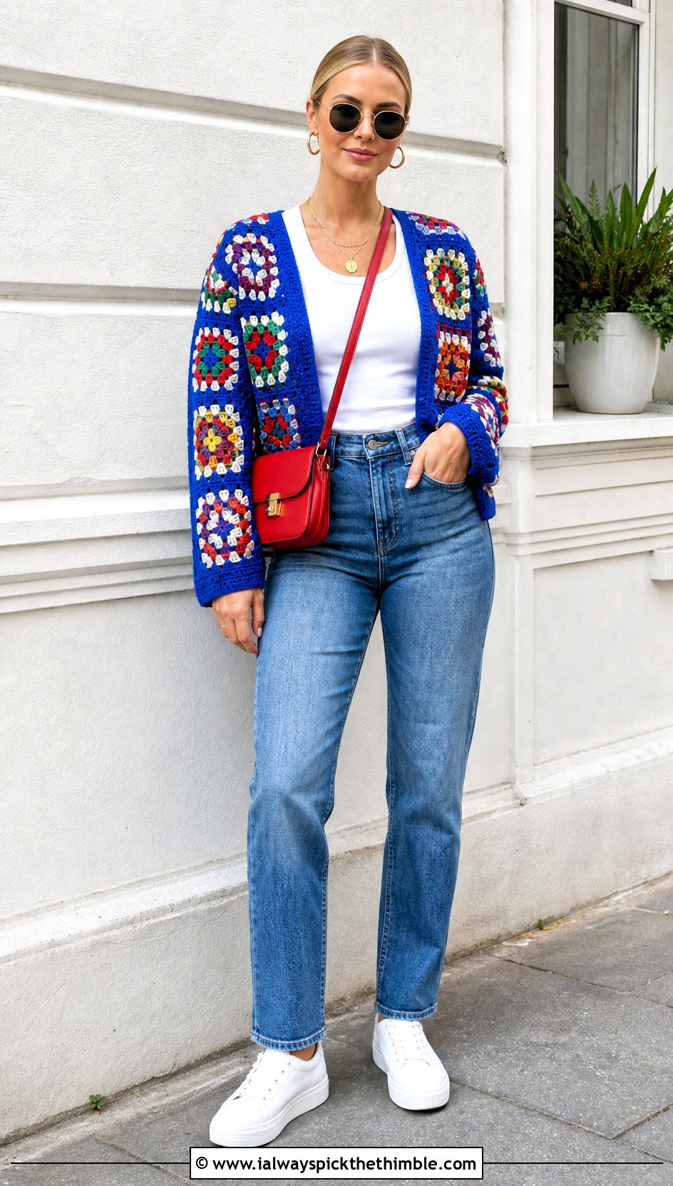 Granny Square Crochet Long Sleeve Cardigan With Straight Leg Jeans - 20 Crochet Long Sleeve Cardigan outfit ideas