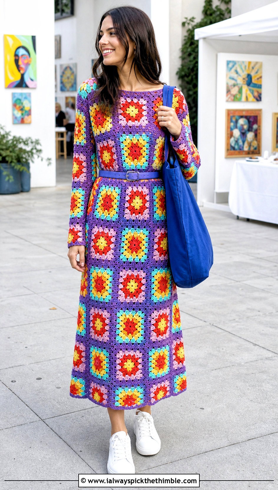 Granny Square Crochet Long Sleeve Dress With White Sneakers - 20 crochet long sleeve dress outfit ideas