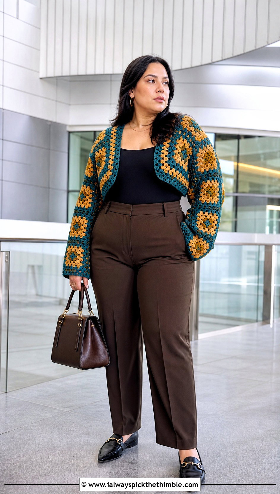 Granny Square Crochet Long Sleeve Shrug With Tailored Trousers - 20 crochet long sleeve shrug outfit ideas