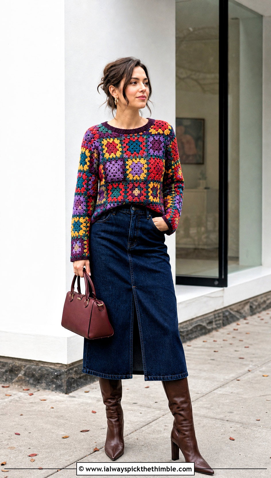 Granny Square Crochet Long Sleeve Top With Denim Midi Skirt - 25 crochet long sleeve tops outfit ideas
