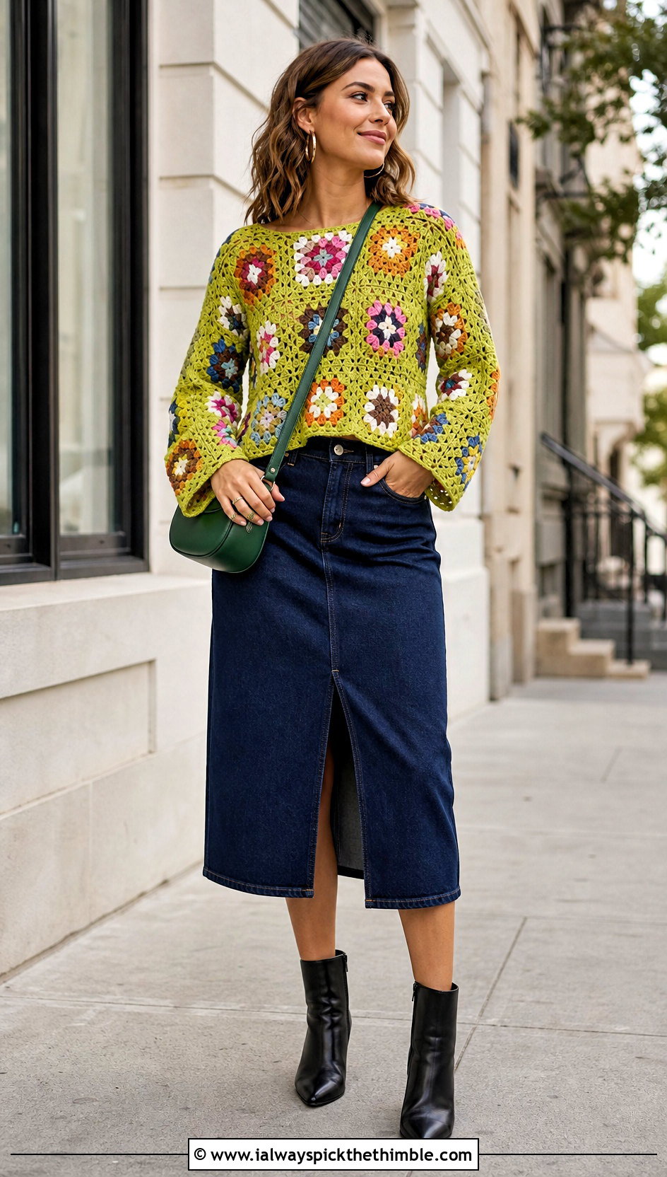 Granny Square Crochet Long Sleeve Top With Denim Skirt - 25 crochet long sleeve top outfit ideas