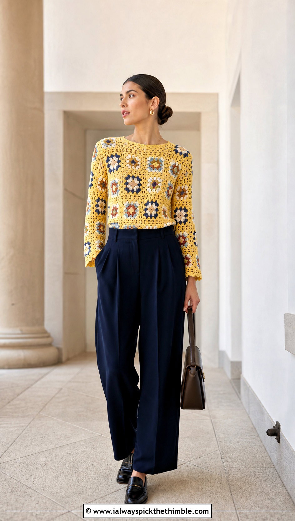 Granny Square Crochet Long Sleeve Top With Wide Leg Trousers - 20 Easy Crochet Long Sleeve Top outfit ideas