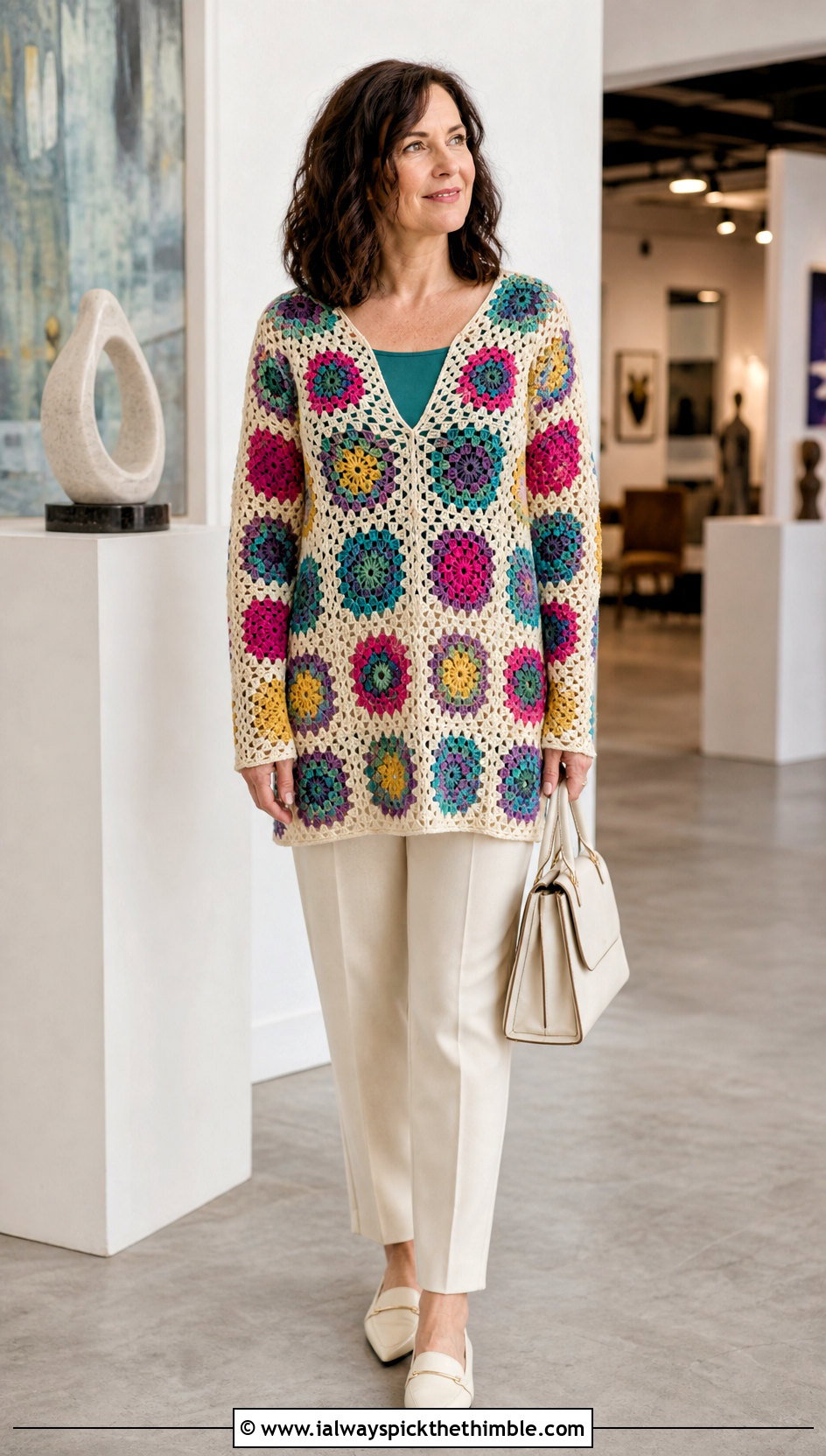 Granny Square Crochet Long Sleeve Tunic With Tailored Pants - 15 Crochet Long Sleeve Tunic outfit ideas