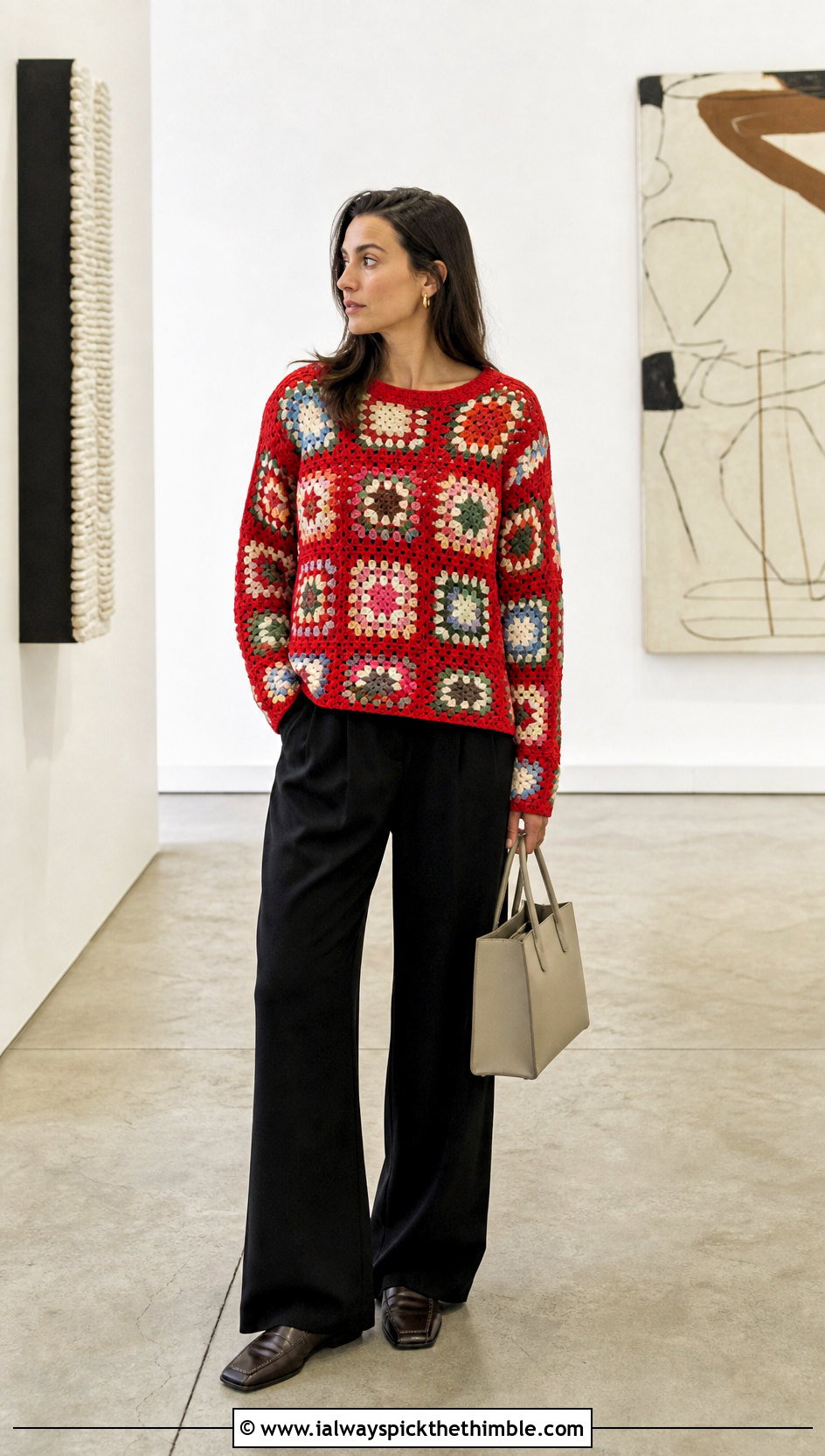 Granny Square Crochet Long Sleeved Top With Black Trousers - 20 Crochet Long Sleeved Top outfit ideas