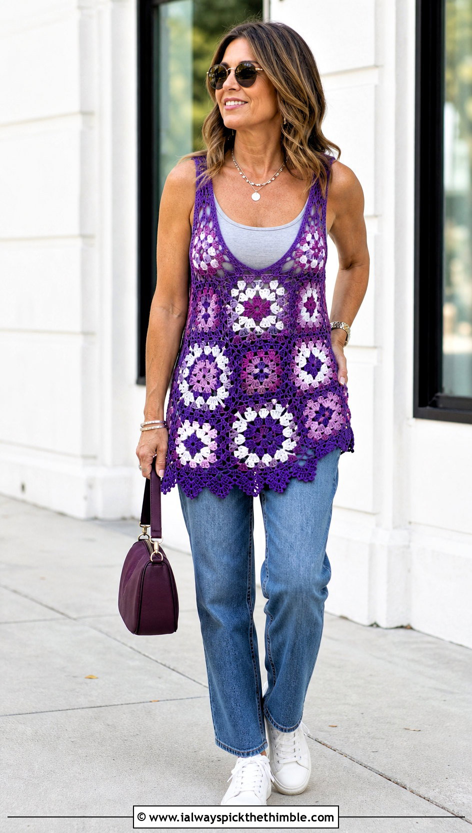 Granny Square Crochet Long Tank Top With Straight Jeans - 20 Crochet Long Tank Top outfit ideas
