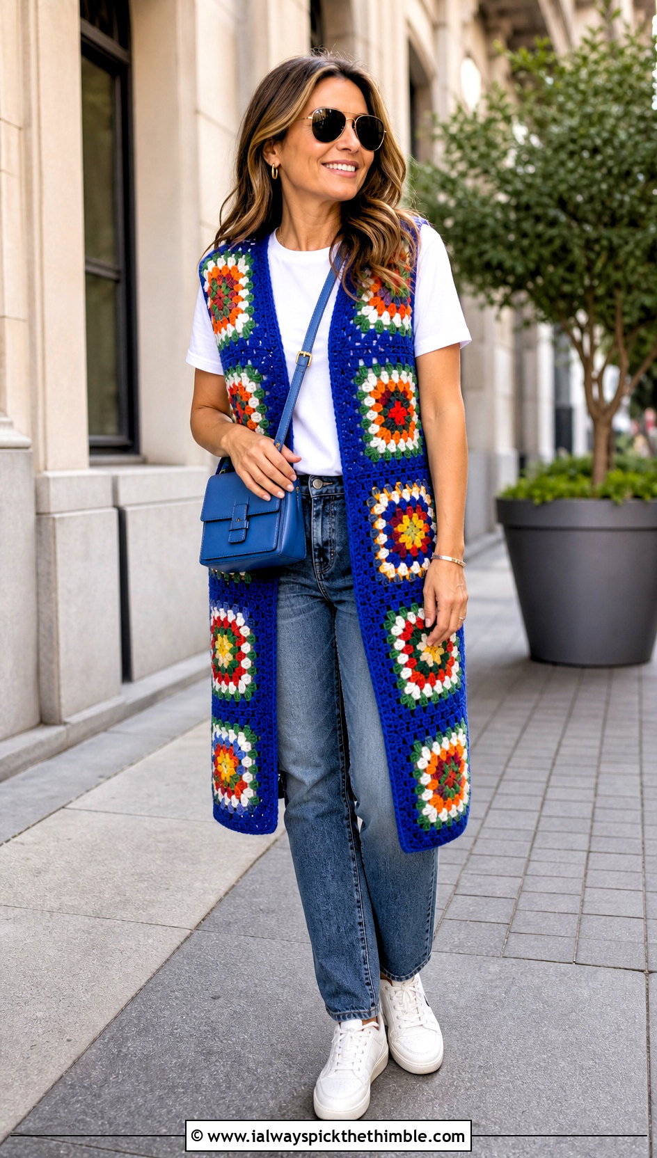 Granny Square Crochet Long Vest With Straight Leg Jeans - 25 Crochet Long Vest outfit ideas