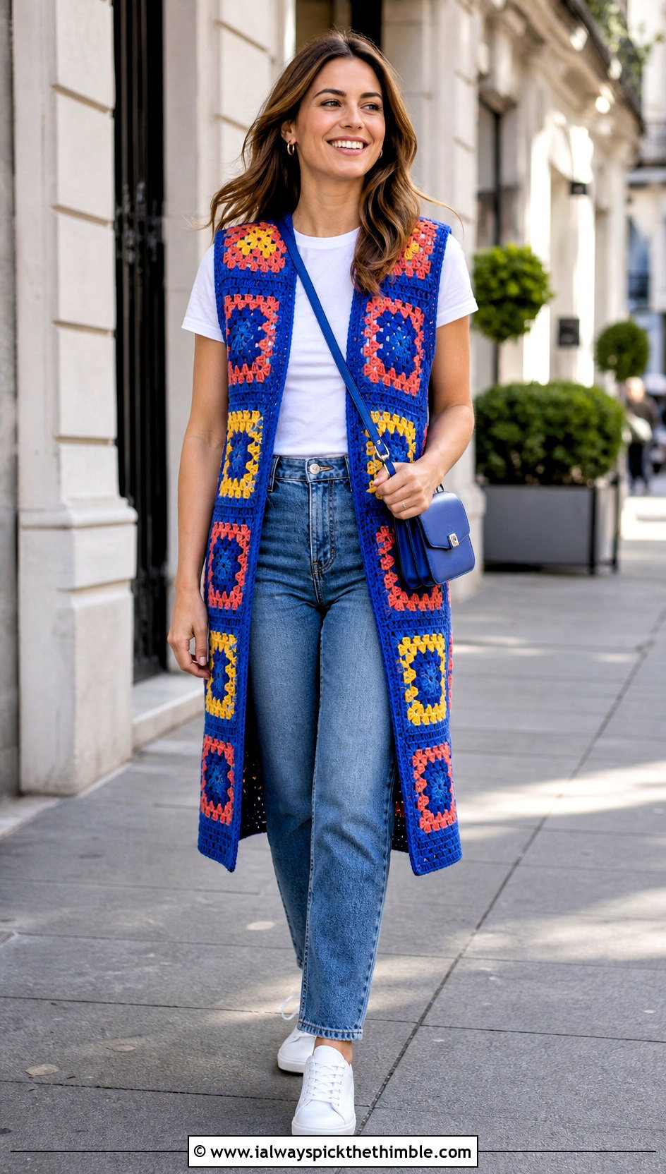 Granny Square Crochet Long Vest With Straight Leg Jeans - 20 Easy Crochet Long Vest outfit ideas