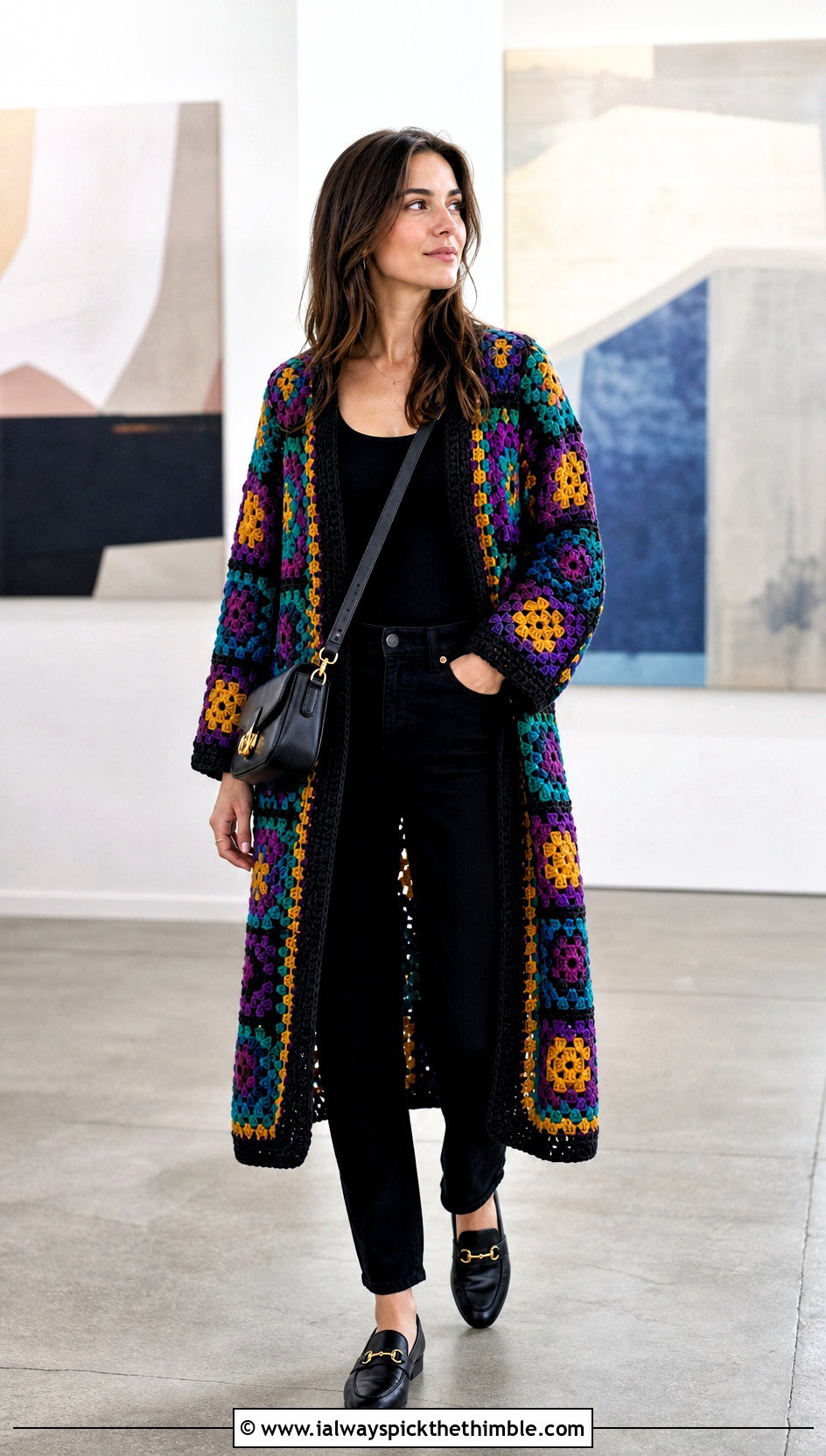 Granny Square Crochet Longline Cardigan With Black Basics - 20 Crochet Longline Cardigan outfit ideas