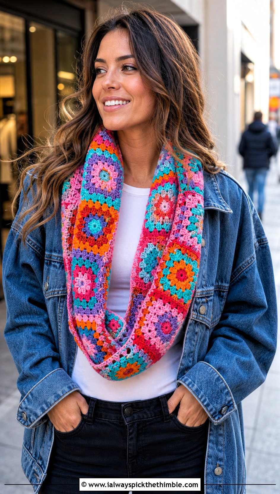 Granny Square Crochet Loop Scarf With Denim Jacket - 20 Crochet Loop Scarf outfit ideas