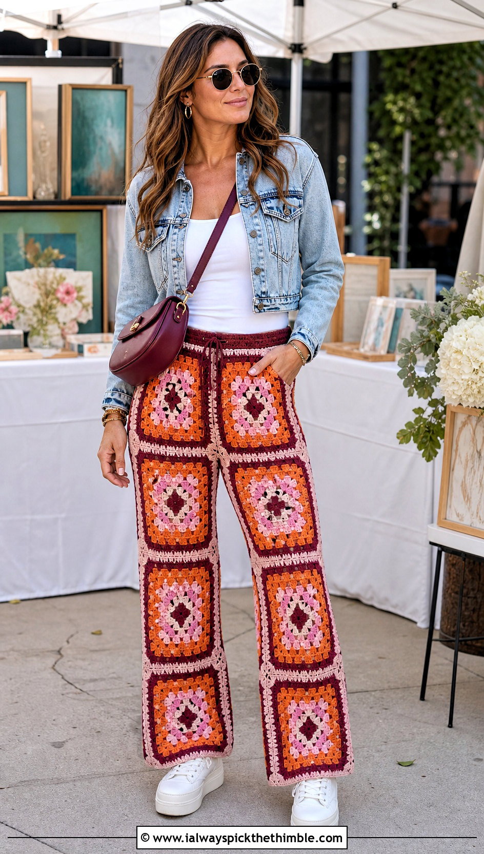Granny Square Crochet Lounge Pants With Denim Jacket - 20 crochet lounge pants outfit ideas