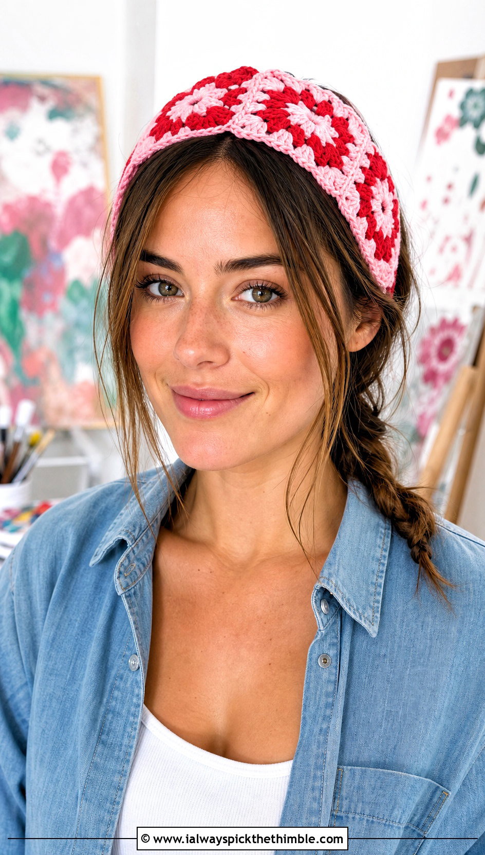 Granny Square Crochet Makeup Headband With Denim Shirt - 20 Crochet Makeup Headband outfit ideas