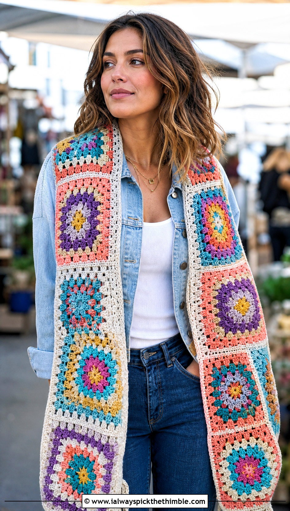 Granny Square Crochet Mantle Scarf With Denim Jacket - 20 Crochet Mantle Scarf outfit ideas