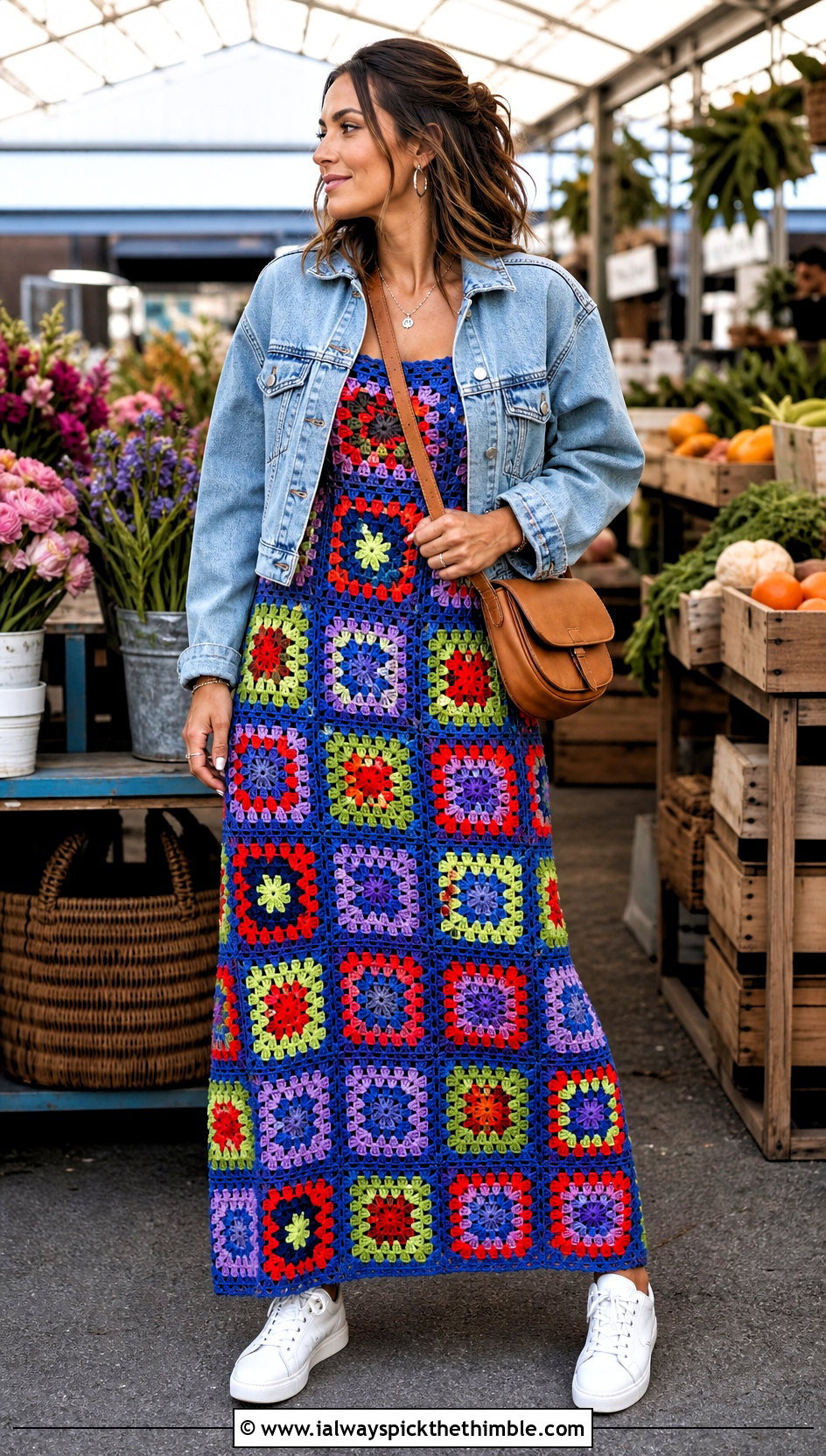 Granny Square Crochet Maxi Dress With Denim Jacket - 15 colorful crochet dress on hanger outfit ideas