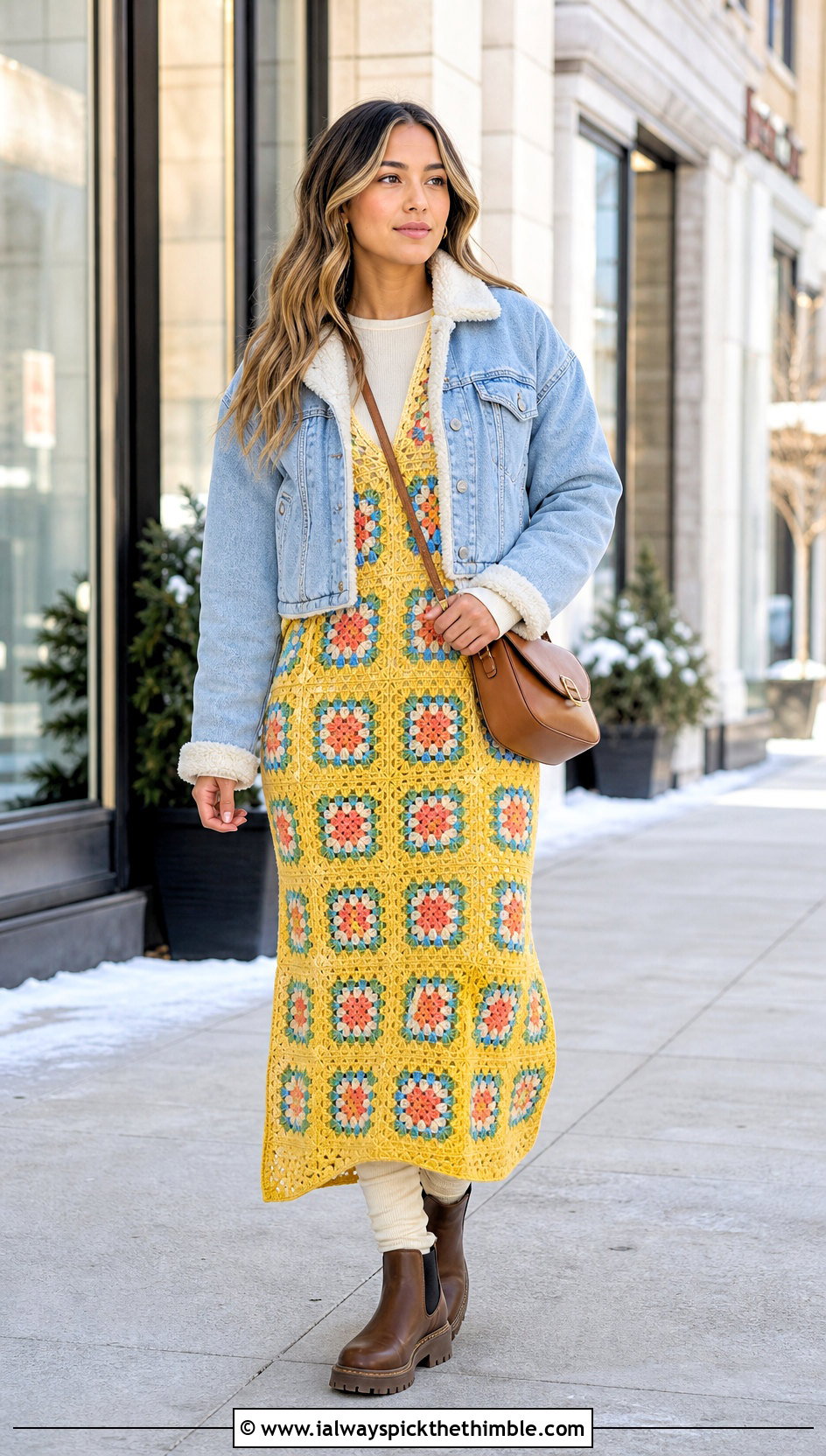 Granny Square Crochet Maxi Dress With Denim Jacket - 20 crochet dress for winter outfit ideas