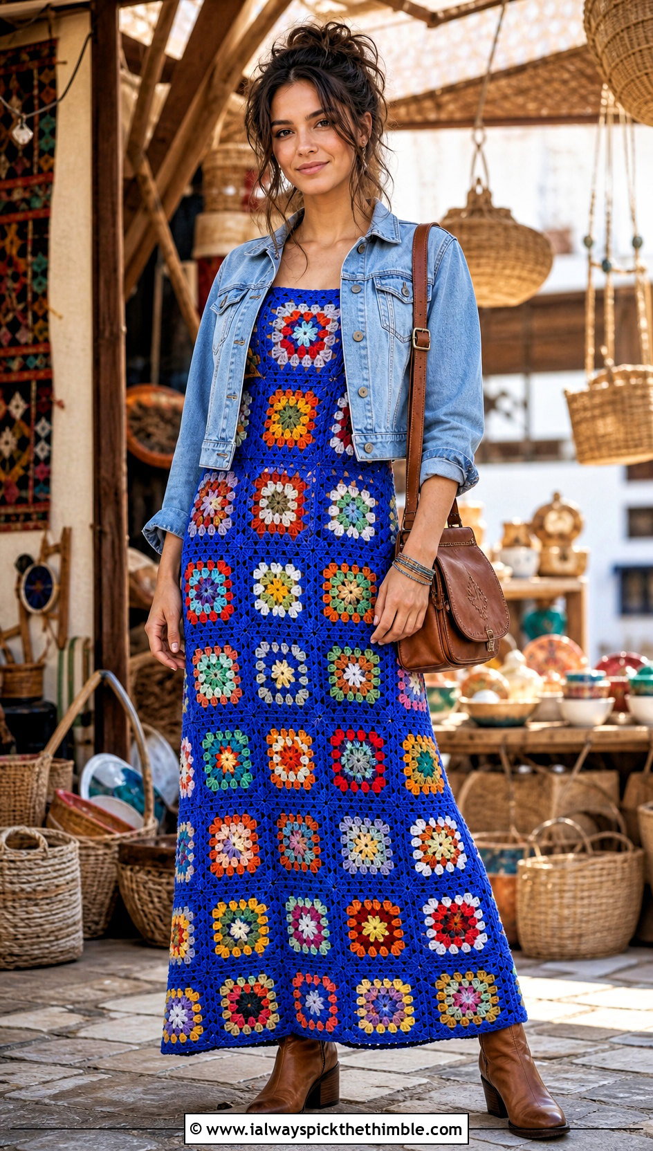 Granny Square Crochet Maxi Dress With Denim Jacket - 15 Boho Hippie Crochet Dress outfit ideas