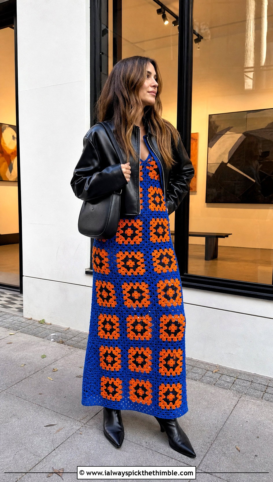 Granny Square Crochet Maxi Dress With Leather Jacket - 25 simple crochet dress outfit ideas