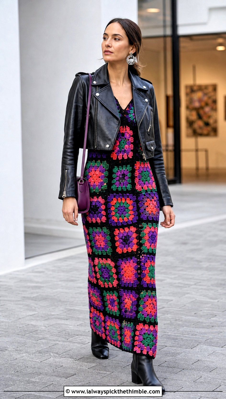 Granny Square Crochet Maxi Dress With Leather Jacket - 25 crochet long dress outfit ideas