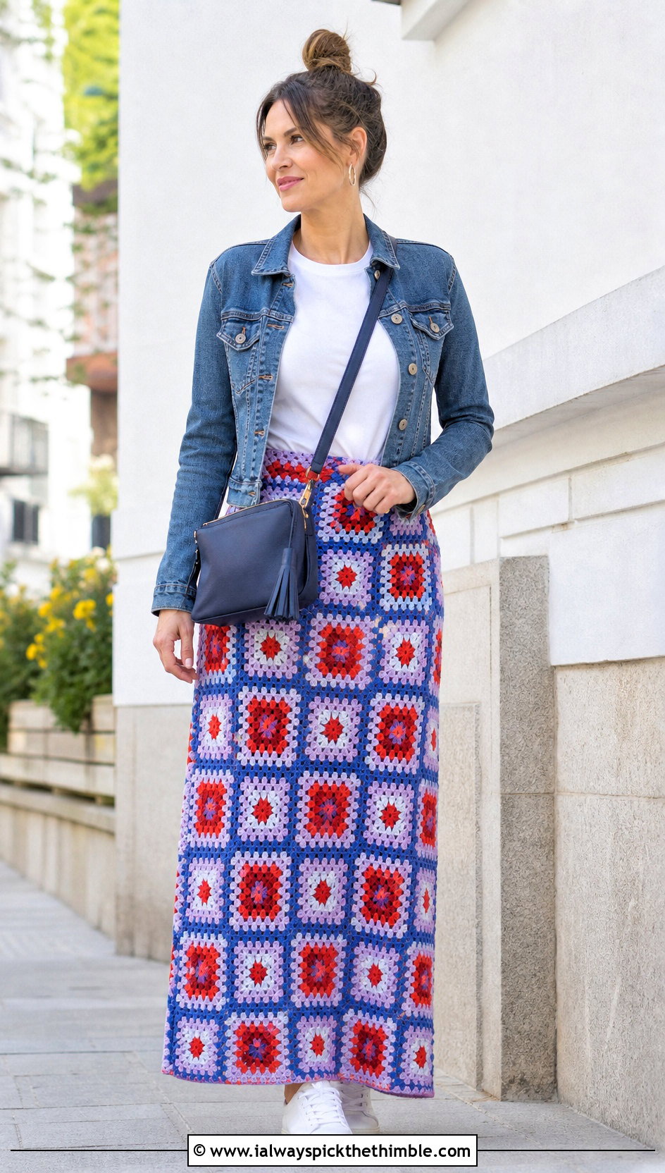 Granny Square Crochet Maxi Skirt With Denim Jacket - 20 crocheted maxi skirt outfit ideas