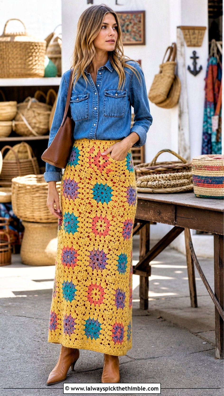 Granny Square Crochet Maxi Skirt With Denim Shirt - 25 long crochet skirt outfit ideas