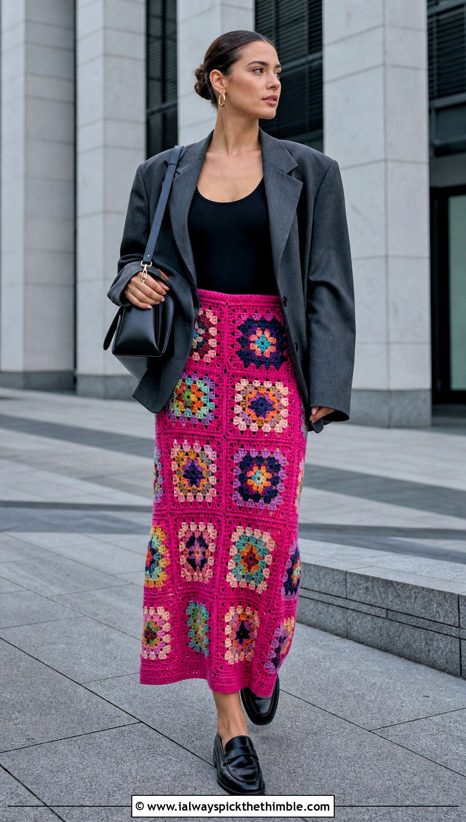 Granny Square Crochet Maxi Skirt With Oversized Blazer - 25 crochet maxi skirt outfit ideas