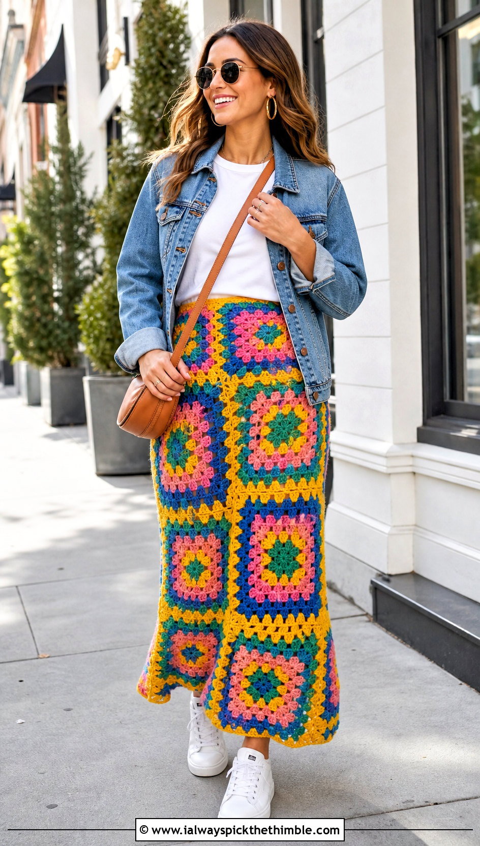 Granny Square Crochet Maxi Skirt With White T Shirt - 20 Boho Crochet Skirt outfit ideas