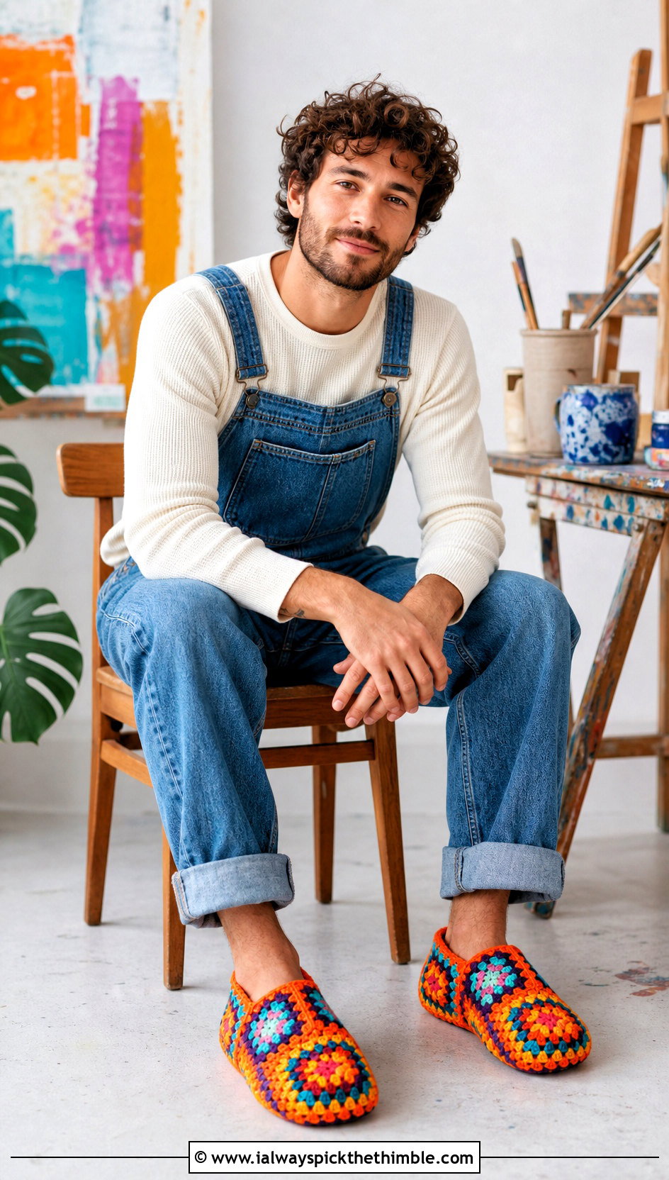 Granny Square Crochet Mens Slippers With Denim Overalls - 15 Easy Crochet Mens Slippers outfit ideas